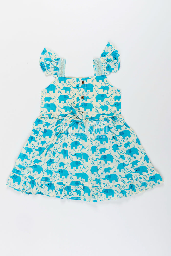The Nesavu Girls Cotton Frock Toddler Girl Cotton Frock with Teal Elephant Print Nesavu Nesavu toddler girl cotton frock teal elephant print flutter sleeves casual days
