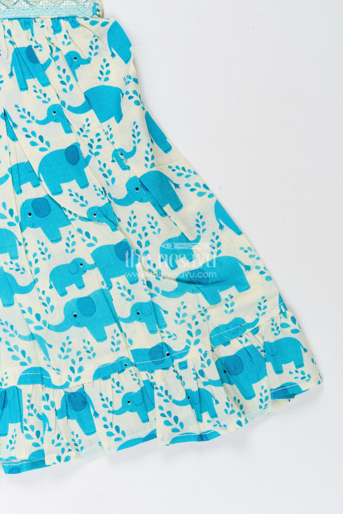 The Nesavu Girls Cotton Frock Toddler Girl Cotton Frock with Teal Elephant Print Nesavu Nesavu toddler girl cotton frock teal elephant print flutter sleeves casual days