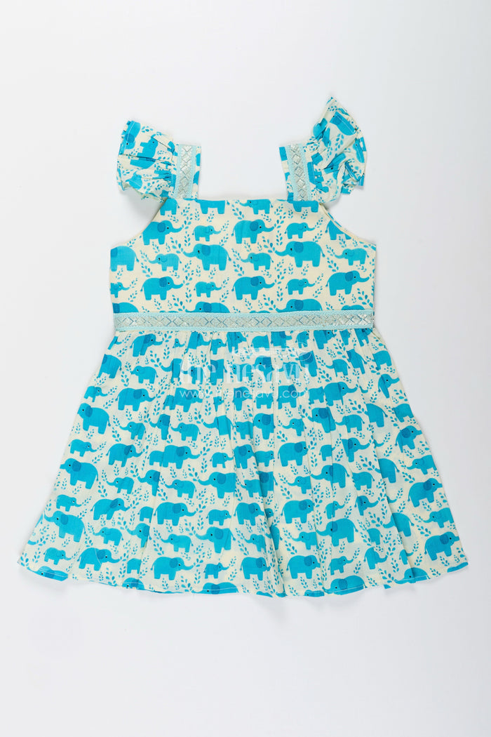The Nesavu Girls Cotton Frock Toddler Girl Cotton Frock with Teal Elephant Print Nesavu 18 (2Y) / Blue / Style 2 GFC1970DB-18 Nesavu toddler girl cotton frock teal elephant print flutter sleeves casual days