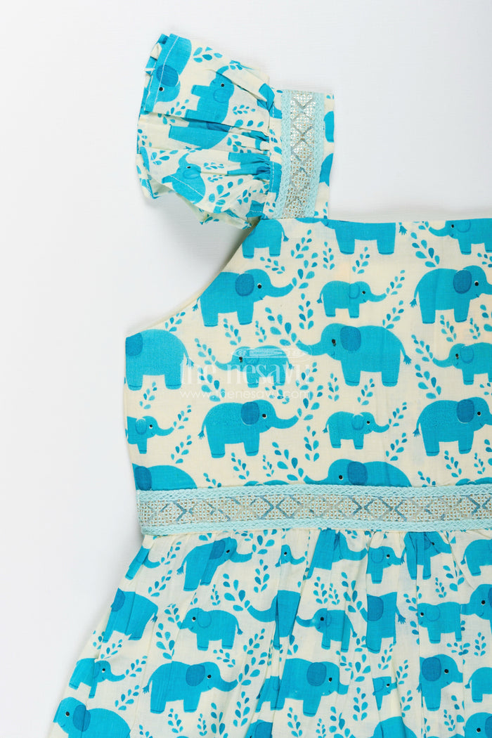 The Nesavu Girls Cotton Frock Toddler Girl Cotton Frock with Teal Elephant Print Nesavu Nesavu toddler girl cotton frock teal elephant print flutter sleeves casual days