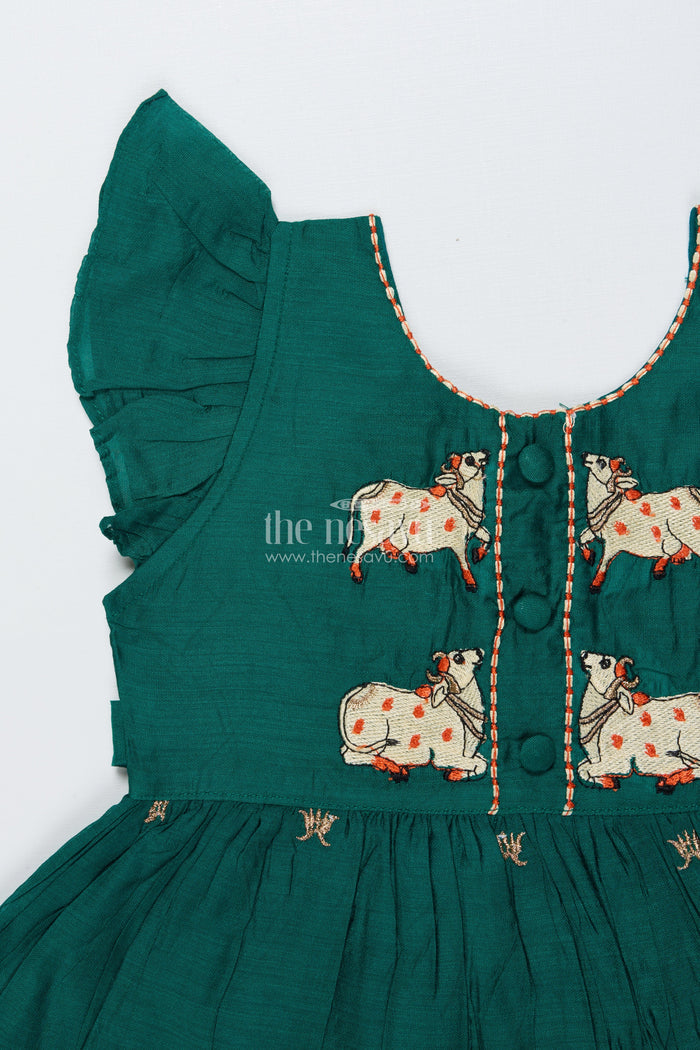The Nesavu Girls Chanderi Frock Toddler Girl Ethnic Frock with Horse Embroidery for Festivals Nesavu Nesavu toddler girl chanderi cotton frock horse embroidery cultural celebrations