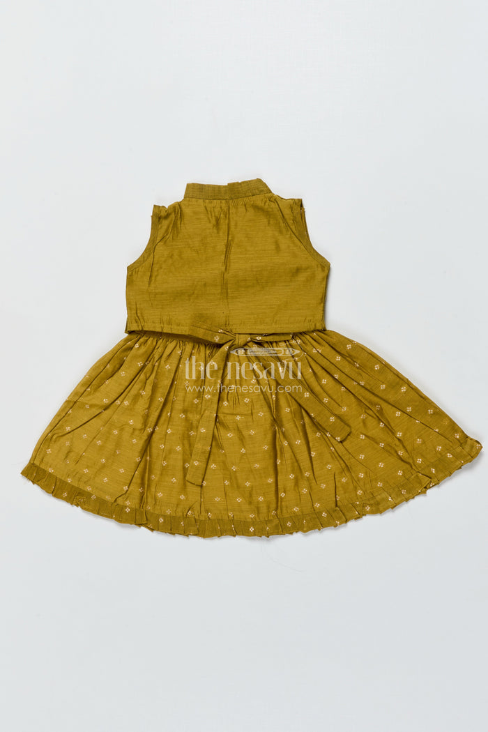The Nesavu Girls Chanderi Frock Toddler Girl Green Chanderi Frock with Embroidered Jacket for Festive Events Nesavu Nesavu toddler girl Chanderi frock green zari butta embroidered jacket  festive-ready