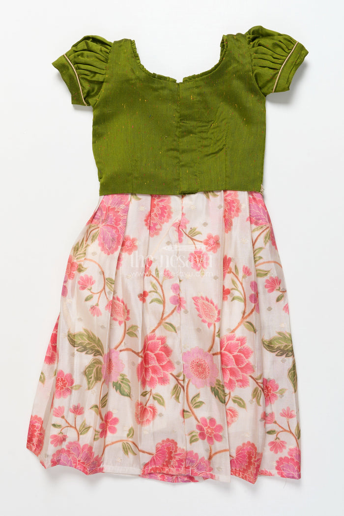 The Nesavu Pattu Pavadai Toddler Girl Pattu Pavadai in Green with Floral Printed Skirt for Festive Wear Nesavu Nesavu toddler girl green pattu pavadai floral printed skirt festive occasions