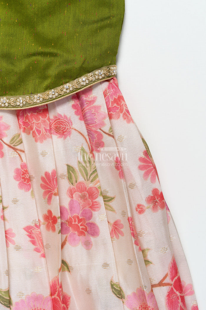 The Nesavu Pattu Pavadai Toddler Girl Pattu Pavadai in Green with Floral Printed Skirt for Festive Wear Nesavu Nesavu toddler girl green pattu pavadai floral printed skirt festive occasions
