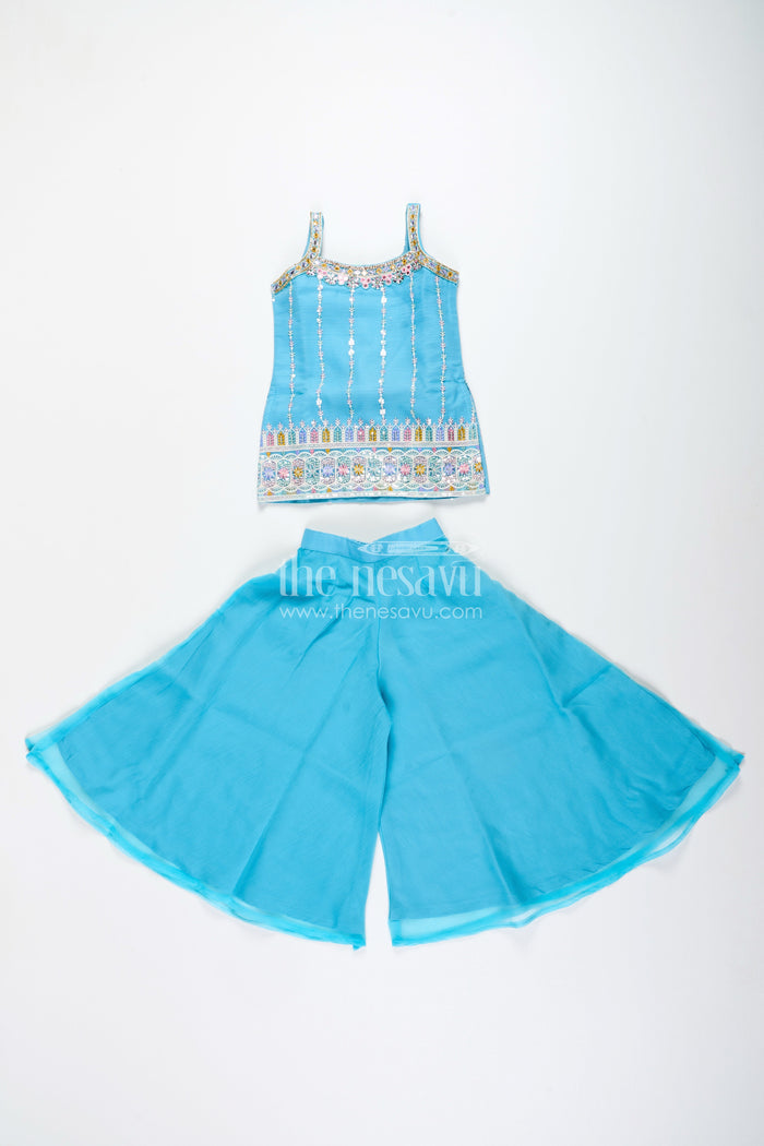 The Nesavu Girls Sharara / Plazo Set Toddler girl plazo set with mirror embroidery for traditional functions Nesavu Nesavu toddler girl sharara set mirror embroidery wide-leg plazo pants