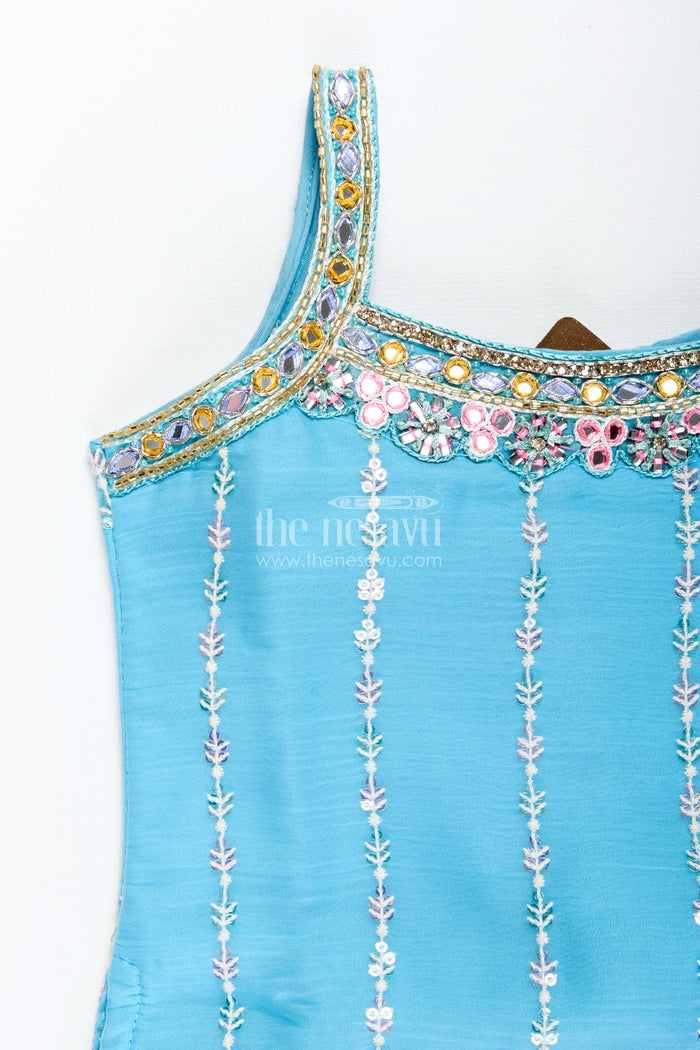 The Nesavu Girls Sharara / Plazo Set Toddler girl plazo set with mirror embroidery for traditional functions Nesavu Nesavu toddler girl sharara set mirror embroidery wide-leg plazo pants