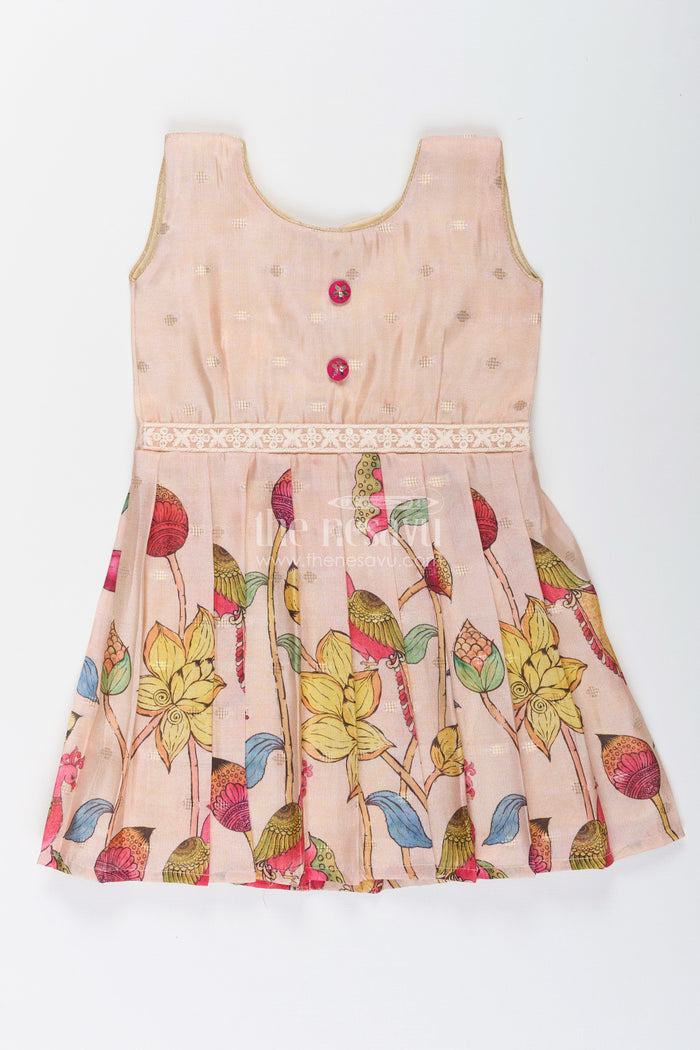 The Nesavu Silk Frock Toddler Girl Semi Silk Frock with Lotus Print for Weddings and Functions Nesavu 16 (1Y) / Cream SF1068B-16 Nesavu toddler girl silk frock vibrant lotus print zari detailing weddings poojas