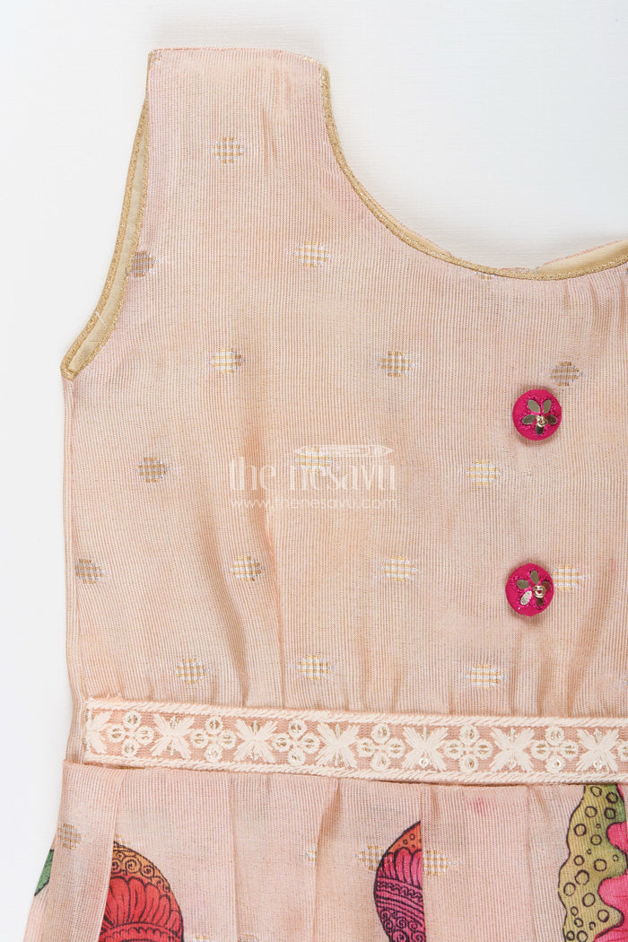 The Nesavu Silk Frock Toddler Girl Semi Silk Frock with Lotus Print for Weddings and Functions Nesavu 16 (1Y) / Cream SF1068B-16 Nesavu toddler girl silk frock vibrant lotus print zari detailing weddings poojas