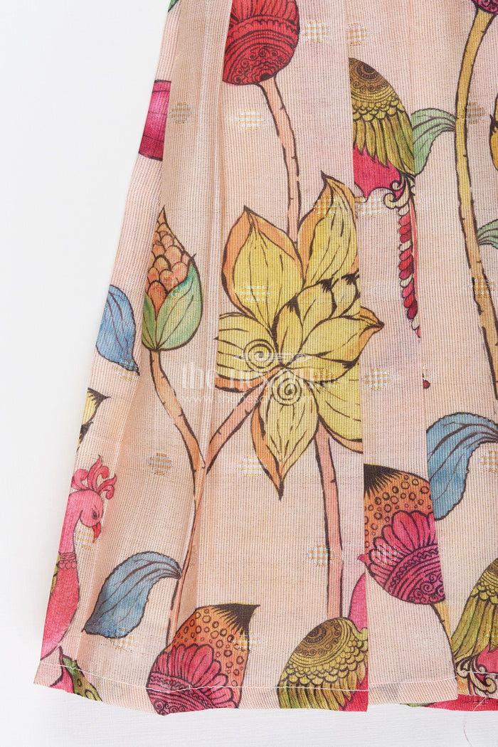 The Nesavu Silk Frock Toddler Girl Semi Silk Frock with Lotus Print for Weddings and Functions Nesavu 16 (1Y) / Cream SF1068B-16 Nesavu toddler girl silk frock vibrant lotus print zari detailing weddings poojas