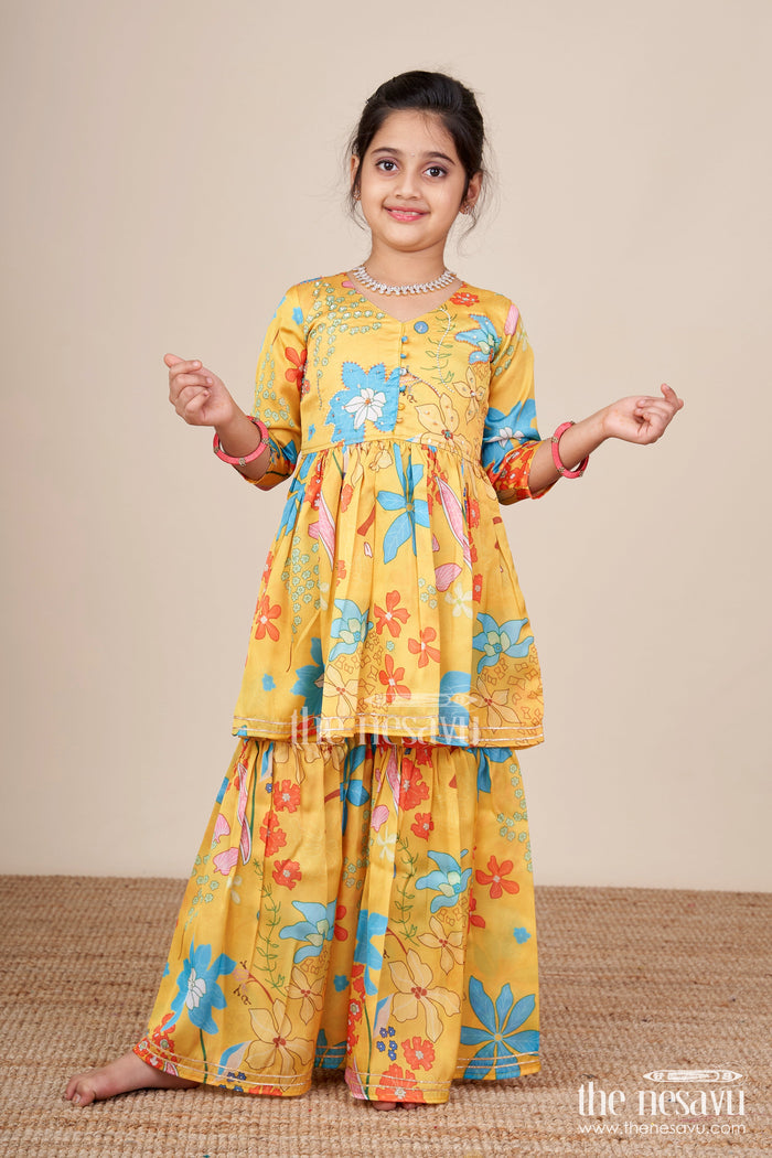The Nesavu Girls Sharara / Plazo Set Toddler Girls Floral Sharara Set for Birthdays and Playful Festive Days Nesavu 18 (2Y) / Yellow GPS869A-18 Nesavu toddler girl floral printed sharara set embroidered top birthdays ethnic days