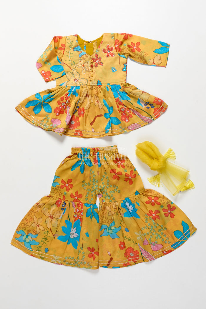 The Nesavu Girls Sharara / Plazo Set Toddler Girls Floral Sharara Set for Birthdays and Playful Festive Days Nesavu Nesavu toddler girl floral printed sharara set embroidered top birthdays ethnic days