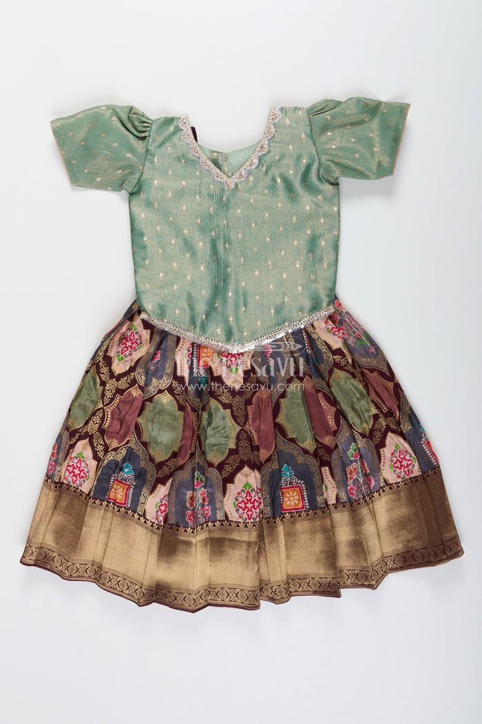 The Nesavu Pattu Pavadai Toddler pattu pavadai for family weddings and poojas Nesavu 16 (1Y) / Green GPP324B-16 Nesavu toddler pattu pavadai Banaras skirt tissue yoke festive family events