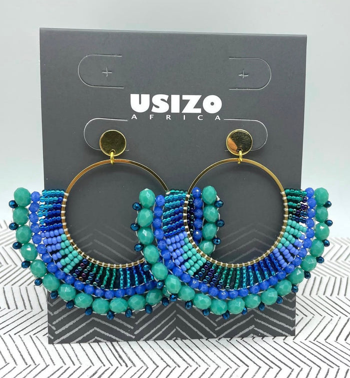 Tombi Blue Zulu Beaded Earrings with Gold Fittings