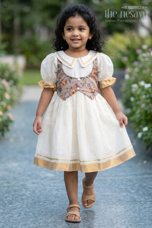 The Nesavu Girls Cotton Frock Traditional Bacchon Ki Dresspuff Sleeve Onam Cotton Frock with Waistcoat Design Nesavu 18 (2Y) / Half white GFC1344A-18 Traditional Bacchon Ki Dress - Nesavu | Puff Sleeve Onam Cotton Frock