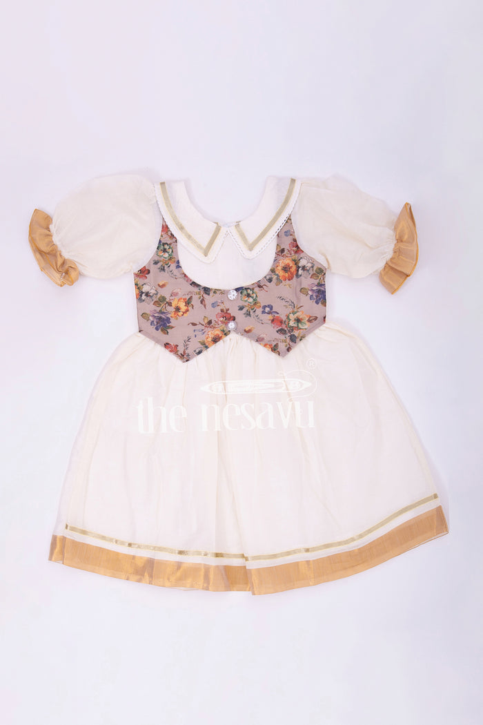 The Nesavu Girls Cotton Frock Traditional Bacchon Ki Dress - Puff Sleeve Onam Cotton Frock with Waistcoat Design Nesavu 18 (2Y) / Half white GFC1344A-18 Traditional Bacchon Ki Dress - Nesavu | Puff Sleeve Onam Cotton Frock