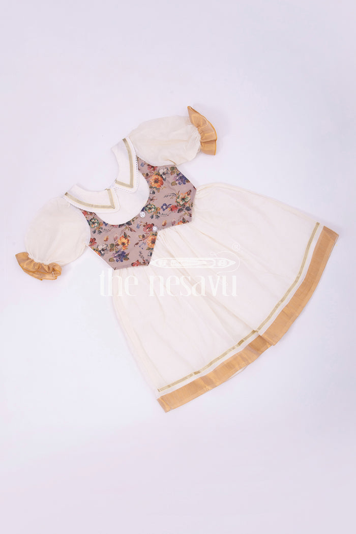 The Nesavu Girls Cotton Frock Traditional Bacchon Ki Dress - Puff Sleeve Onam Cotton Frock with Waistcoat Design Nesavu Traditional Bacchon Ki Dress - Nesavu | Puff Sleeve Onam Cotton Frock