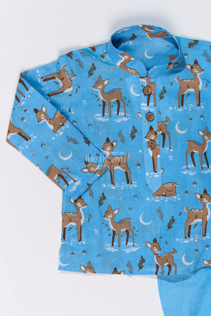 The Nesavu Boys Dothi Set Traditional Boys Dhoti and Jacket Set in Cotton with Deer Print for Festive Occasions Nesavu Boys Dhoti Jacket Set Cotton Deer Print Traditional Festive Wear | The Nesavu