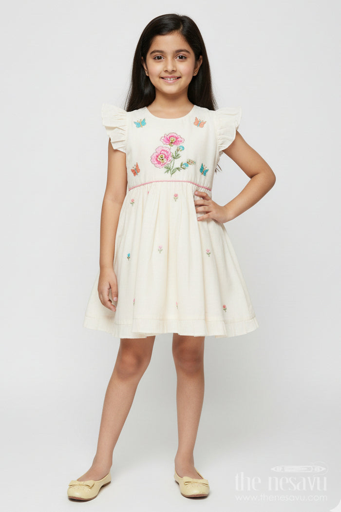 The Nesavu Girls Chanderi Frock Traditional Chanderi Frock for Baby Girls for Festivals and Naming Ceremony Nesavu 16 (1Y) / Cream GFC1996A-16 Nesavu traditional chanderi frock baby girls embroidery naming ceremonies poojas