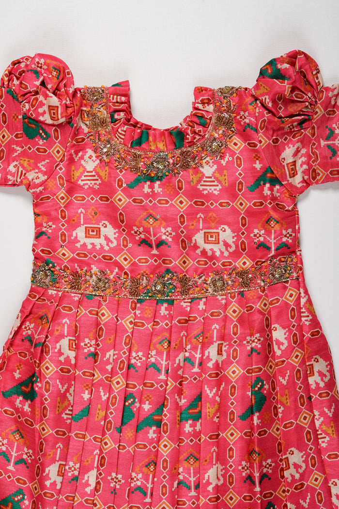 The Nesavu Girls Silk Gown Traditional Festive Red Girls Anarkali with Ethnic Patterns Nesavu Buy Traditional Red Anarkali for Girls | Ethnic Wear Kids Dresses Online | The Nesavu