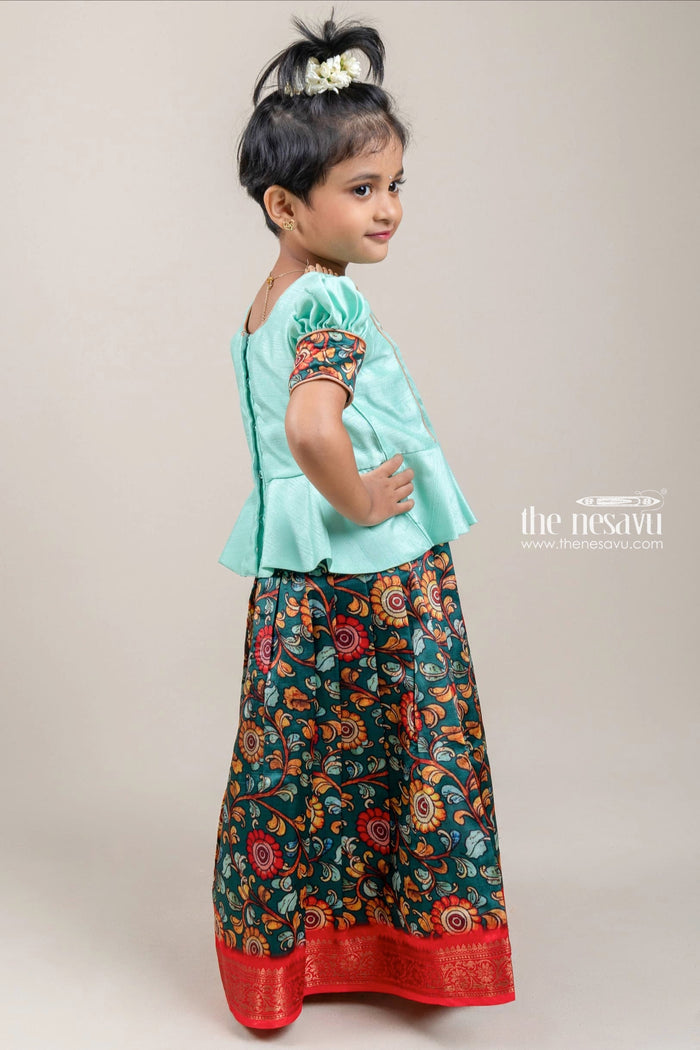 The Nesavu Pattu Pavadai Traditional Green Silk Pattu Pavadai with Floral Cuffs and Banarasi Border for Girls Nesavu Green Silk Pattu Pavadai with Floral Cuffs and Banarasi Border for Girls | The Nesavu