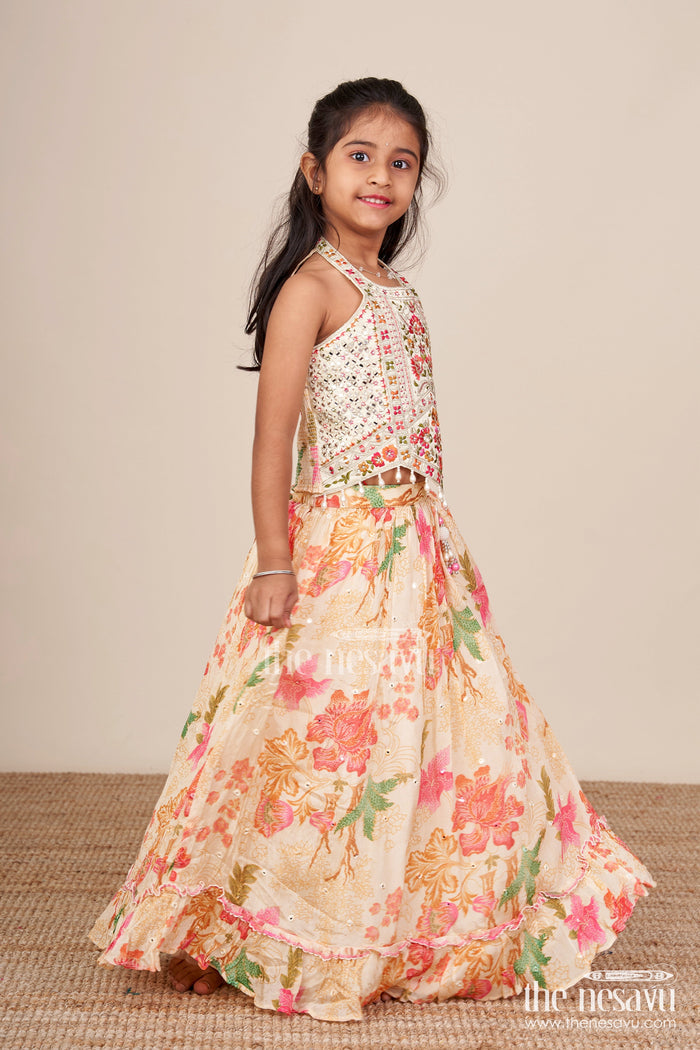 The Nesavu Girls Lehenga Choli Traditional Lehenga Set for Toddler Girl for Weddings and Navratri Nesavu Nesavu toddler girl lehenga choli halter blouse floral print Navratri functions