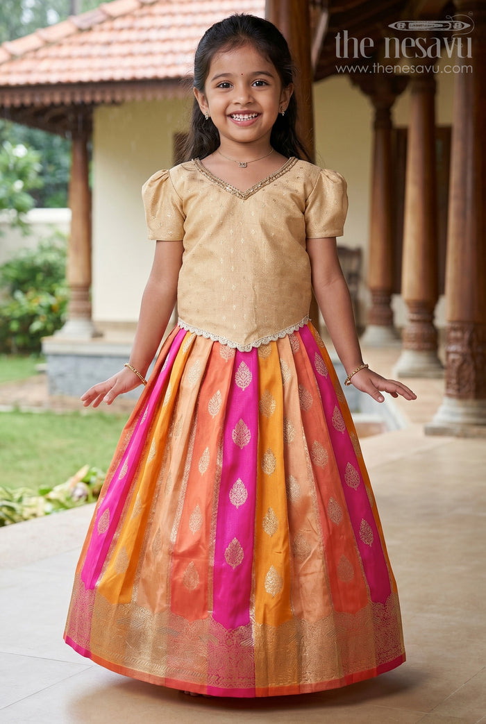 The Nesavu Pattu Pavadai Traditional Pattu Pavadai for Toddler Girls for Festive and Temple Wear Nesavu 16 (1Y) / Gold GPP334A-16 Nesavu traditional pattu pavadai toddler girls semi banaras skirt tissue silk yoke