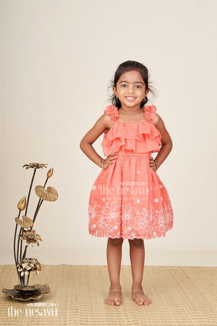 The Nesavu Girls Shorts Traditional pink frock for baby girls for wedding functions with cotton fabric and floral accents Nesavu Nesavu traditional baby girl frock pink cotton floral accents weddings festive wear