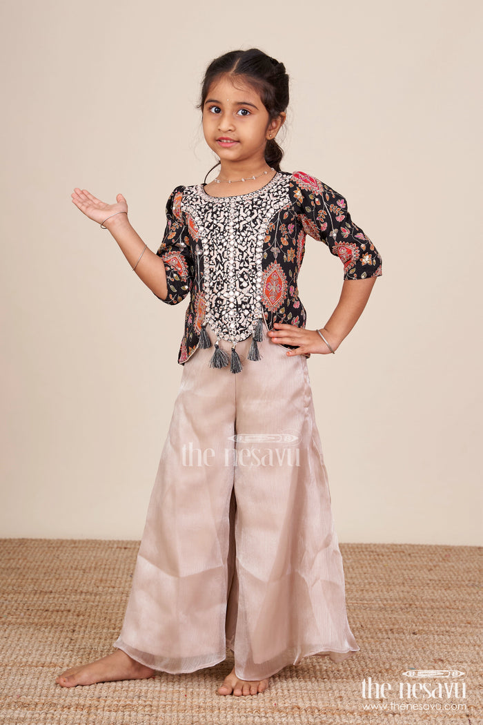 The Nesavu Girls Sharara / Plazo Set Traditional Plazo Set with Mirror Embroidery Jacket for Girls Nesavu Nesavu traditional plazo set mirror embroidery  best pick weddings festive wear