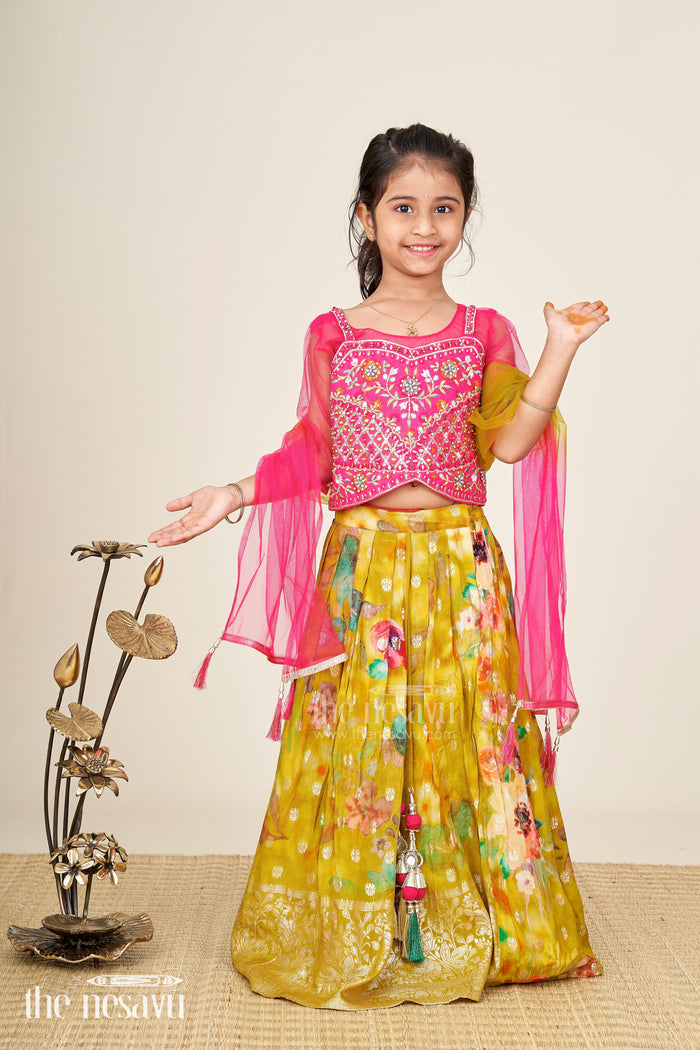 The Nesavu Girls Lehenga Choli Traditional Silk Lehenga For Girls Festive Dupatta Set Nesavu 16 (1Y) / Pink GL670A-16 Nesavu Traditional Girls Silk Lehenga Set Pink Embellished Choli Yellow Printed Skirt