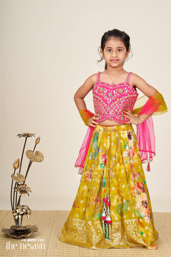 The Nesavu Girls Lehenga Choli Traditional Silk Lehenga For Girls Festive Dupatta Set Nesavu Nesavu Traditional Girls Silk Lehenga Set Pink Embellished Choli Yellow Printed Skirt