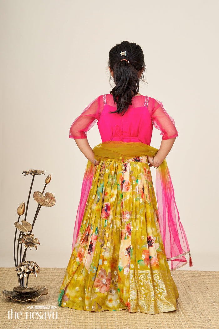 The Nesavu Girls Lehenga Choli Traditional Silk Lehenga For Girls Festive Dupatta Set Nesavu Nesavu Traditional Girls Silk Lehenga Set Pink Embellished Choli Yellow Printed Skirt