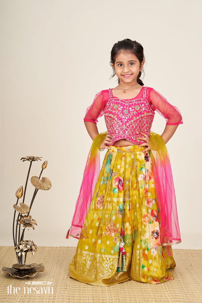 The Nesavu Girls Lehenga Choli Traditional Silk Lehenga For Girls Festive Dupatta Set Nesavu Nesavu Traditional Girls Silk Lehenga Set Pink Embellished Choli Yellow Printed Skirt