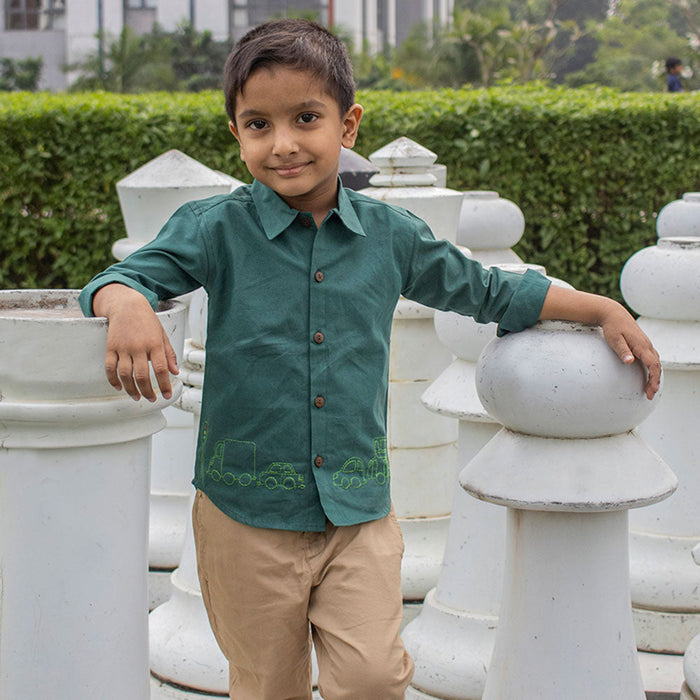 Traffic Embroidered Formal Shirt - Bottle Green (1-8 Years)