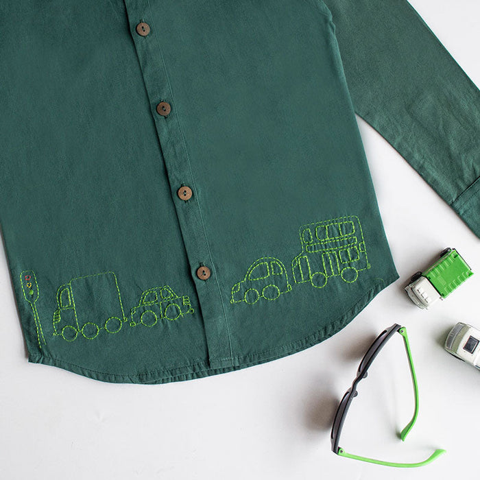 Traffic Embroidered Formal Shirt - Bottle Green (1-8 Years)
