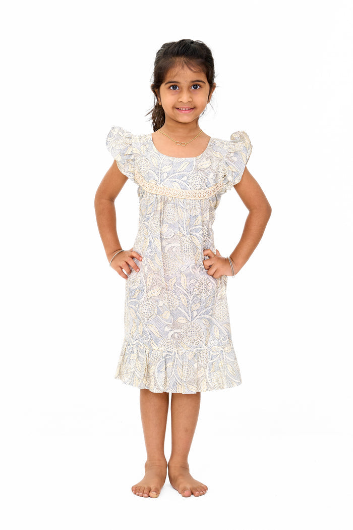 The Nesavu Girls Cotton Frock Trendy Girls Cotton Fashion Dress with Elegant Floral Pattern and Ruffled Details Nesavu 16 (1Y) / Green GFC1549D-16 Girls Cotton Fashion Dress Pastel Floral Print Ruffled Hem Lace Detailing | The Nesavu