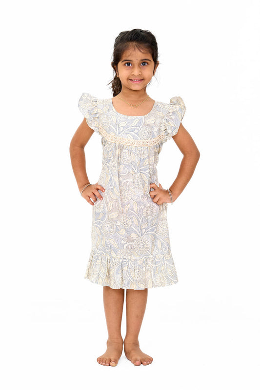 The Nesavu Girls Cotton Frock Trendy Girls Cotton Fashion Dress with Elegant Floral Pattern and Ruffled Details Nesavu 16 (1Y) / Green GFC1549D-16 Girls Cotton Fashion Dress Pastel Floral Print Ruffled Hem Lace Detailing | The Nesavu