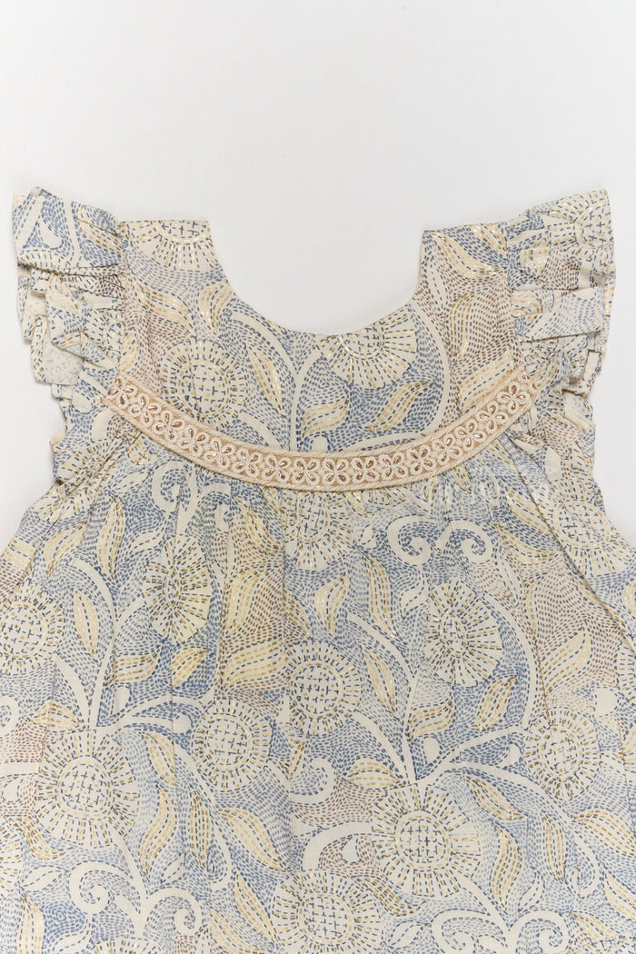 The Nesavu Girls Cotton Frock Trendy Girls Cotton Fashion Dress with Elegant Floral Pattern and Ruffled Details Nesavu Girls Cotton Fashion Dress Pastel Floral Print Ruffled Hem Lace Detailing | The Nesavu