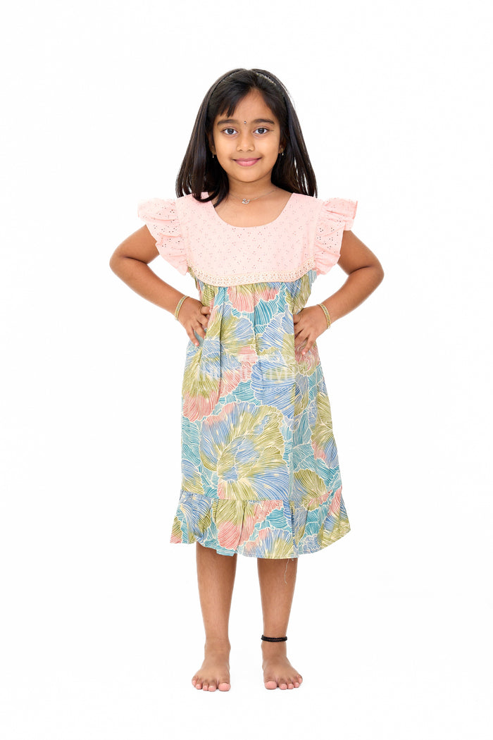 The Nesavu Girls Cotton Frock Trendy Girls Cotton New Dress with Vibrant Leaf Print and Lace Yoke Nesavu 16 (1Y) / Multicolor GFC1553A-16 Girls Cotton New Dress Bold Leaf Print Flutter Sleeves Lace Detailing | The Nesavu