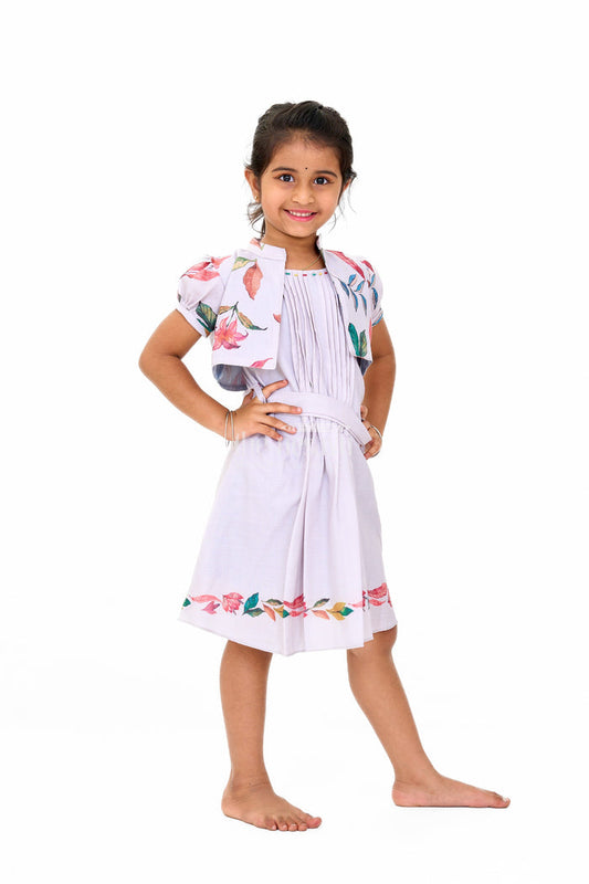 The Nesavu Girls Cotton Frock Trendy Indo Western Girls Cotton Frock with Floral Patterns and Waist Tie-Up Nesavu Indo Western Girls Cotton Frock Floral Pleats Belt Nesavu