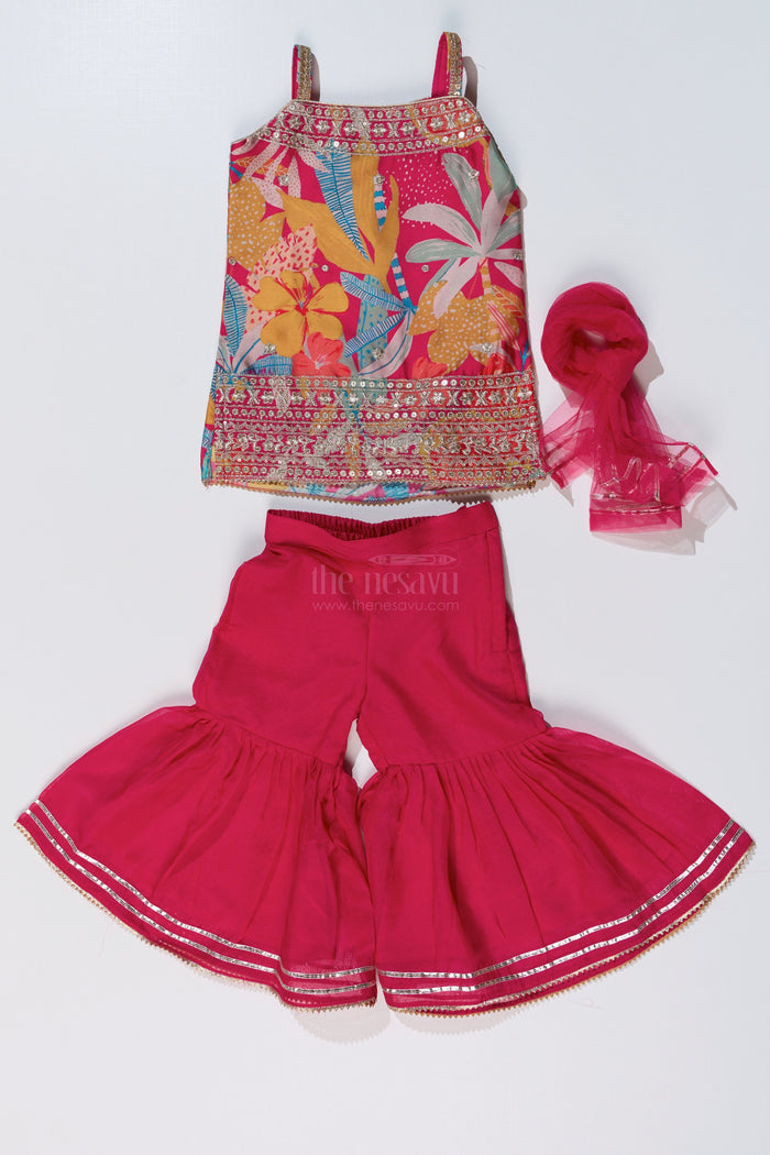 The Nesavu Girls Sharara / Plazo Set Trendy Pink Plazo with Kurti Set for Girls with Digital Floral Print and Embellished Dupatta Nesavu Nesavu Trendy Pink Plazo Kurti Set Girls Digital Floral Print Embellished Dupatta