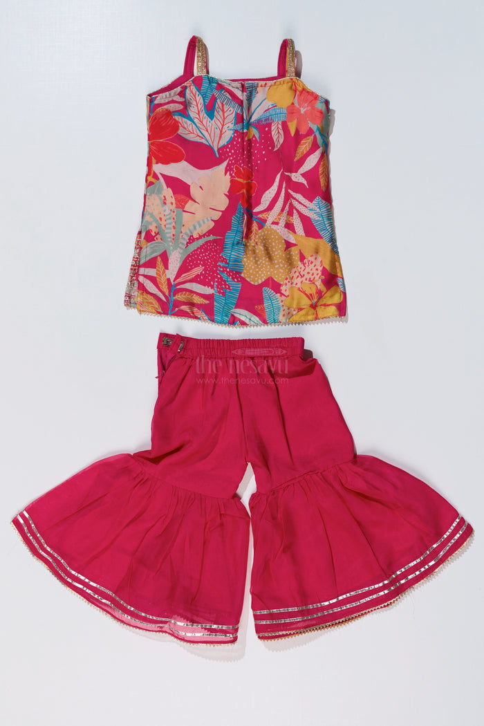 The Nesavu Girls Sharara / Plazo Set Trendy Pink Plazo with Kurti Set for Girls with Digital Floral Print and Embellished Dupatta Nesavu Nesavu Trendy Pink Plazo Kurti Set Girls Digital Floral Print Embellished Dupatta