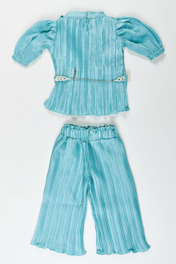 The Nesavu Girls Casual Set Trendy pleated georgette co-ord set for girls with crop top and wide-leg pants Nesavu Girls blue pleated georgette crop top pants set  Nesavu casual ethnic wear