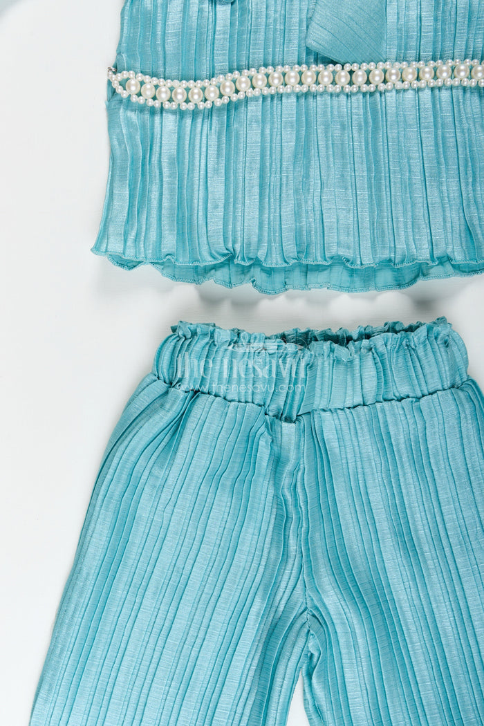 The Nesavu Girls Casual Set Trendy pleated georgette co-ord set for girls with crop top and wide-leg pants Nesavu Girls blue pleated georgette crop top pants set  Nesavu casual ethnic wear
