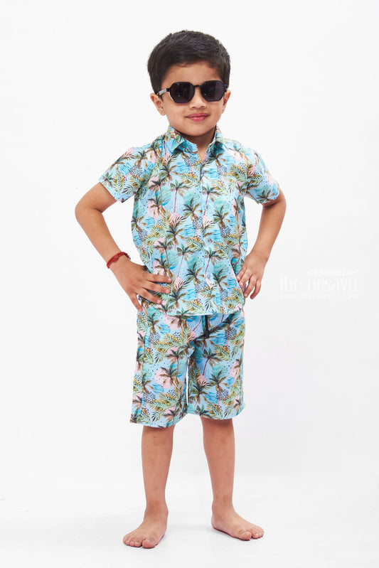 The Nesavu Boys Casual Set Tropical Palm Tree Boys Shorts and Shirt Set Nesavu 16 (1Y) / Blue BCS005A-16 Boys Casual Two-Piece Set with Shorts and Shirt | Comfortable Summer Outfit | The Nesavu