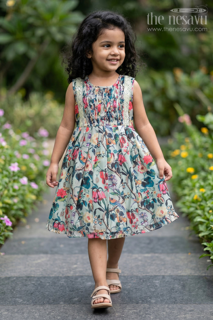 The Nesavu Girls Cotton Frock Tropical Paradise Cotton Frock: Exotic Birds and Floral Print with Embellishments for Girls Nesavu 16 (1Y) / Green / Chanderi GFC1194C-16 Girls Exotic Bird Print Dress | The Nesavu