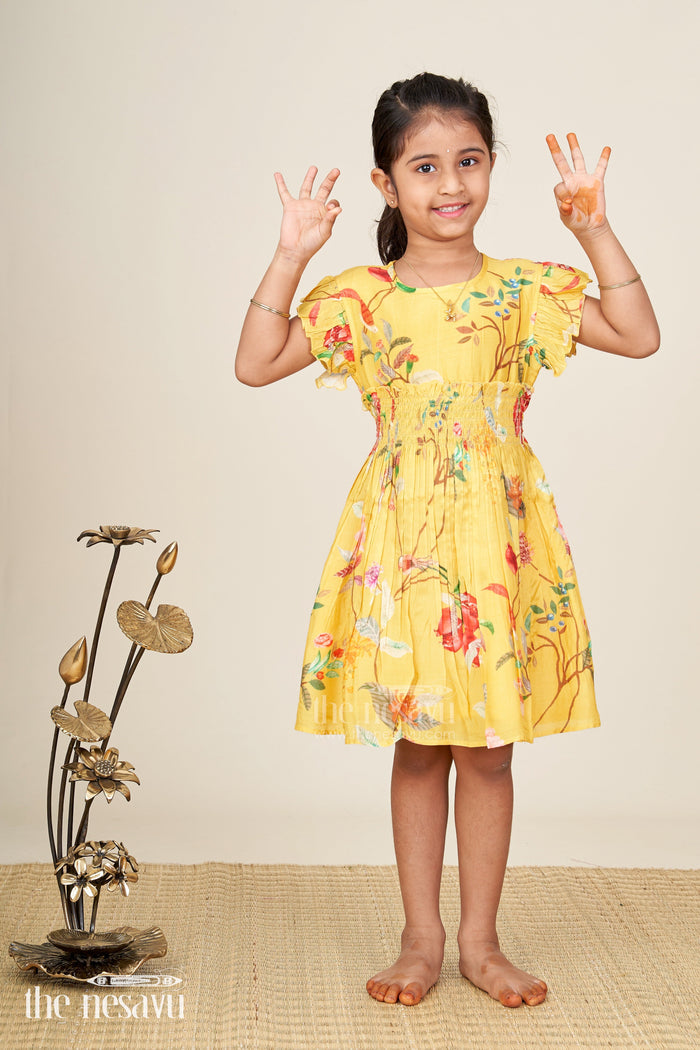 The Nesavu Girls Cotton Frock Tropical Print Summer Dress For Toddler Girls Nesavu Nesavu Vibrant Cotton Summer Dress Toddler Girls Yellow Tropical Floral Bird Prints