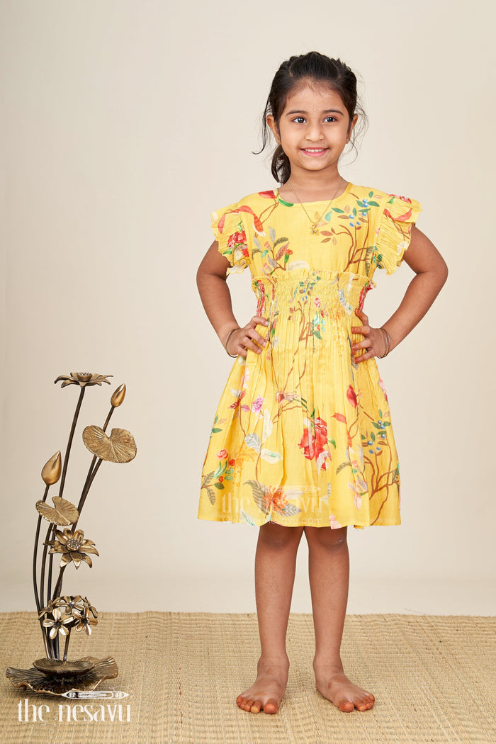 The Nesavu Girls Cotton Frock Tropical Print Summer Dress For Toddler Girls Nesavu 20 (3Y) / Yellow GFC1860A-20 Nesavu Vibrant Cotton Summer Dress Toddler Girls Yellow Tropical Floral Bird Prints