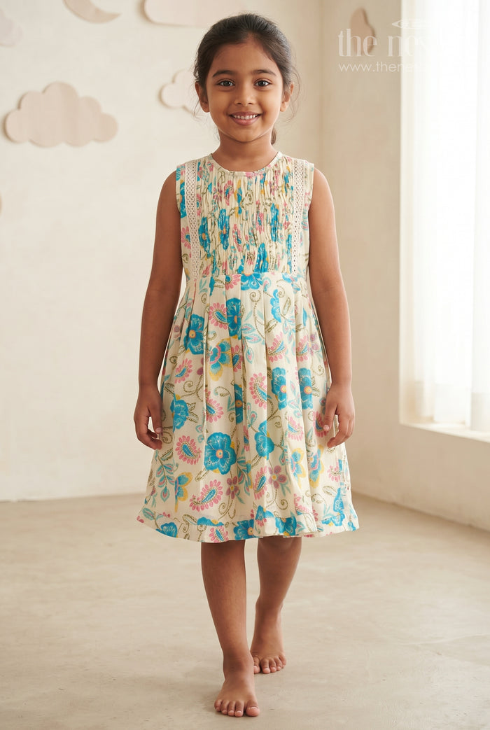 The Nesavu Girls Cotton Frock Tropical Teal Cotton Frock with Lace Accent for Girls Nesavu 16 (1Y) / Blue GFC1230B-16 Girls Lightweight Summer Cotton Dresses | The Nesavu