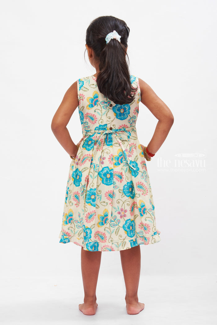 The Nesavu Girls Cotton Frock Tropical Teal Cotton Frock with Lace Accent for Girls Nesavu Girls Lightweight Summer Cotton Dresses | Teal Floral Print Frock | The Nesavu