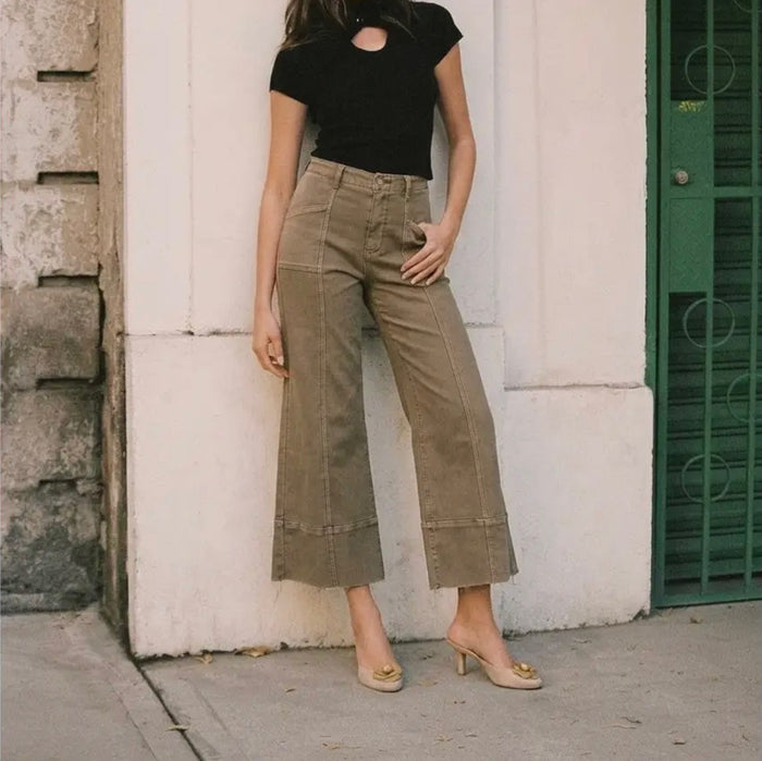 Tummy Control High Rise Slim Crop Palazzo Jeans | Taupe